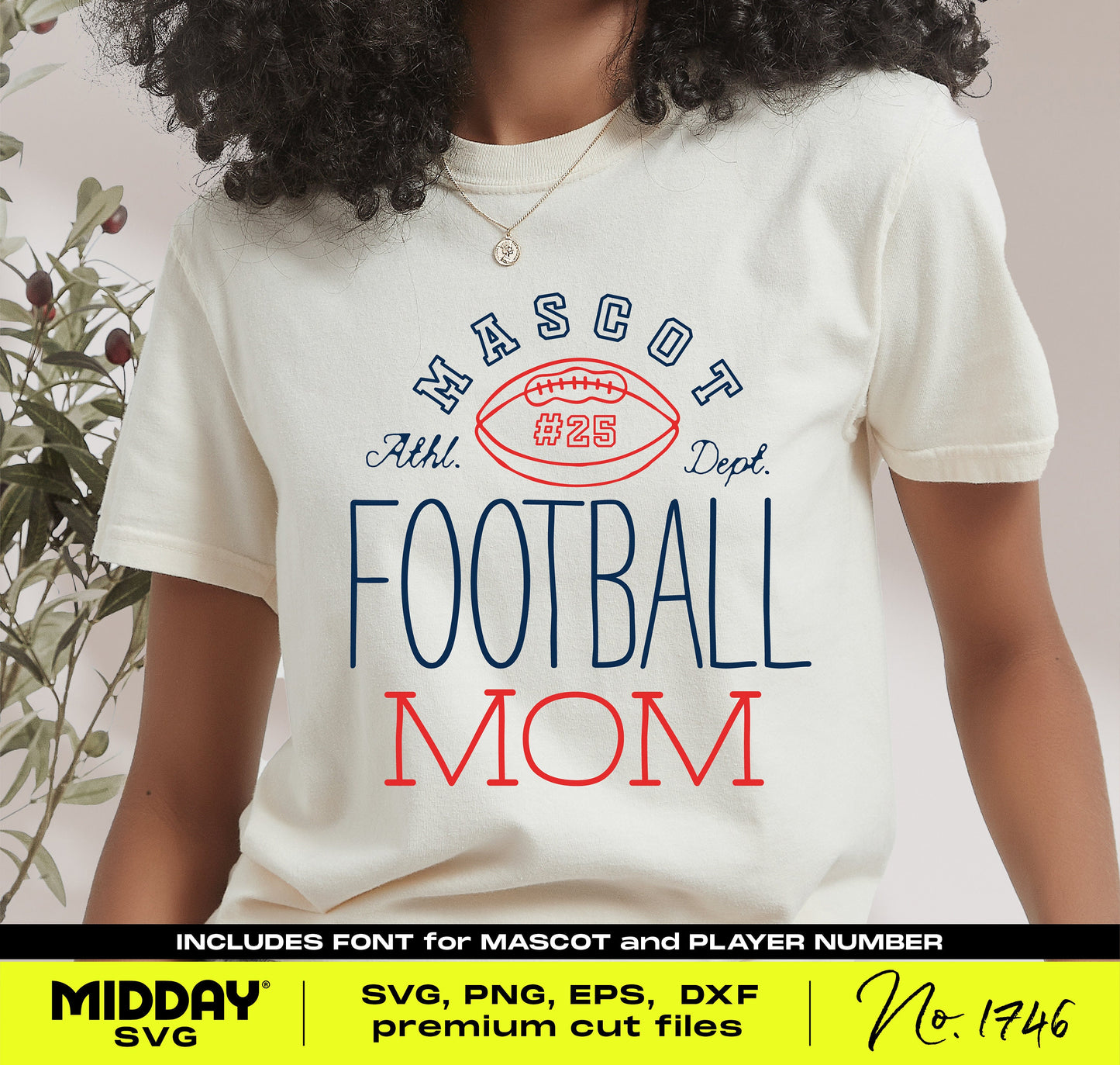 Woman wearing customizable "Football Mom" shirt with SVG design, featuring Mascot and player number for team support.