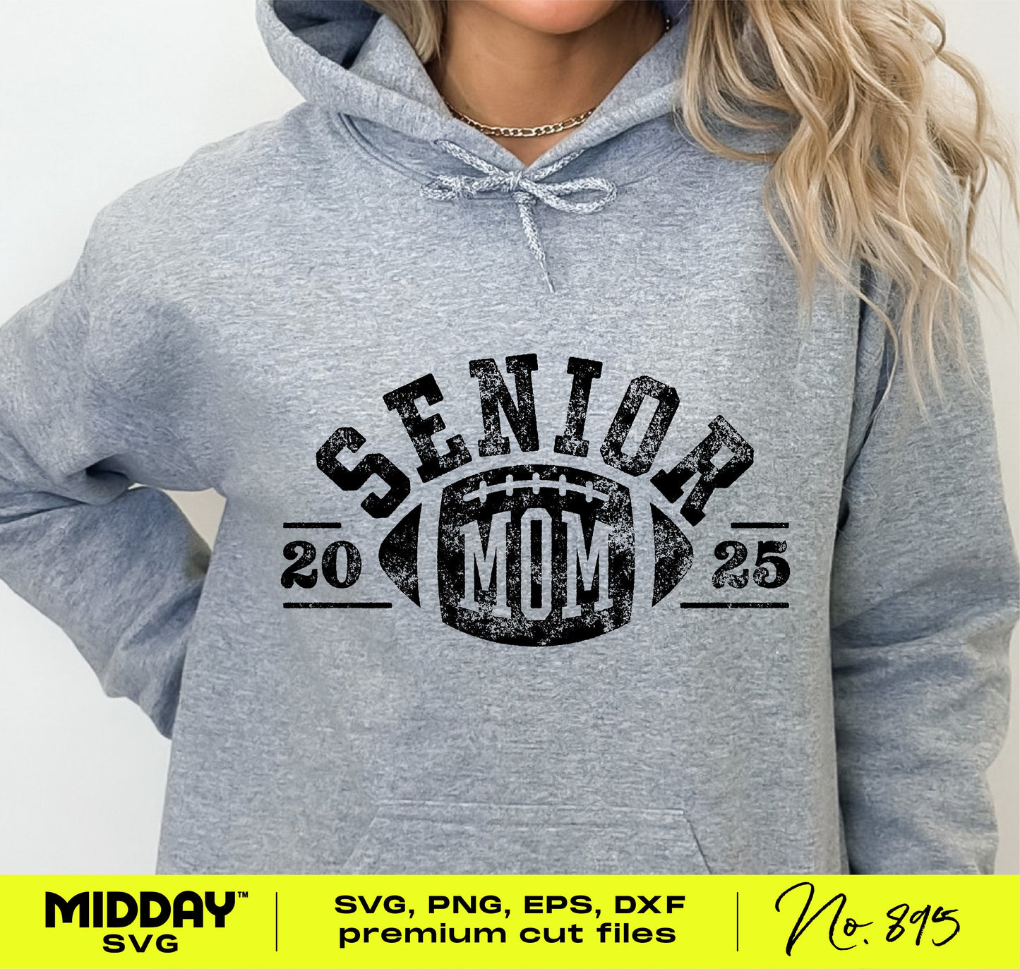 Gray hoodie with Senior Mom 2025 football design for Cricut and Silhouette projects in SVG, PNG, EPS, DXF formats by Midday SVG.