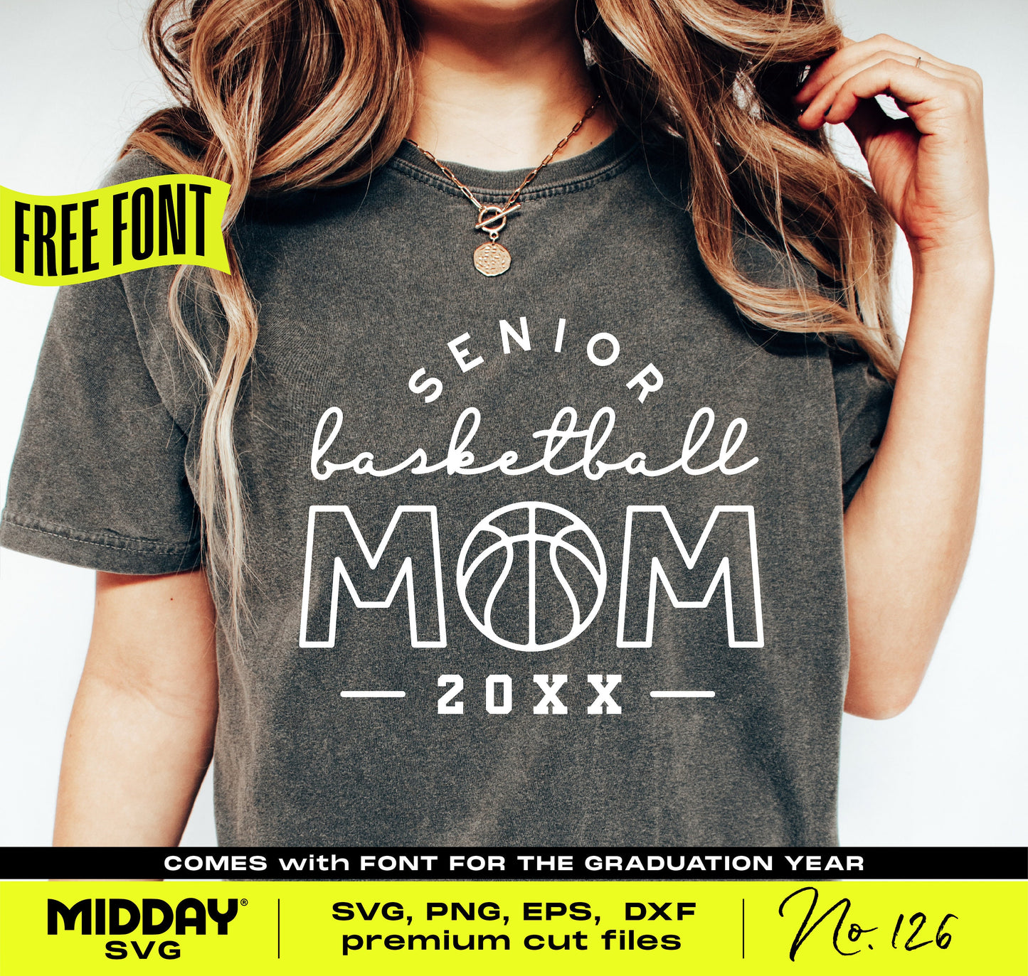 Senior Basketball Mom shirt design with basketball graphic and text '20XX' for Cricut, Silhouette. Includes SVG, PNG, EPS, DXF formats.