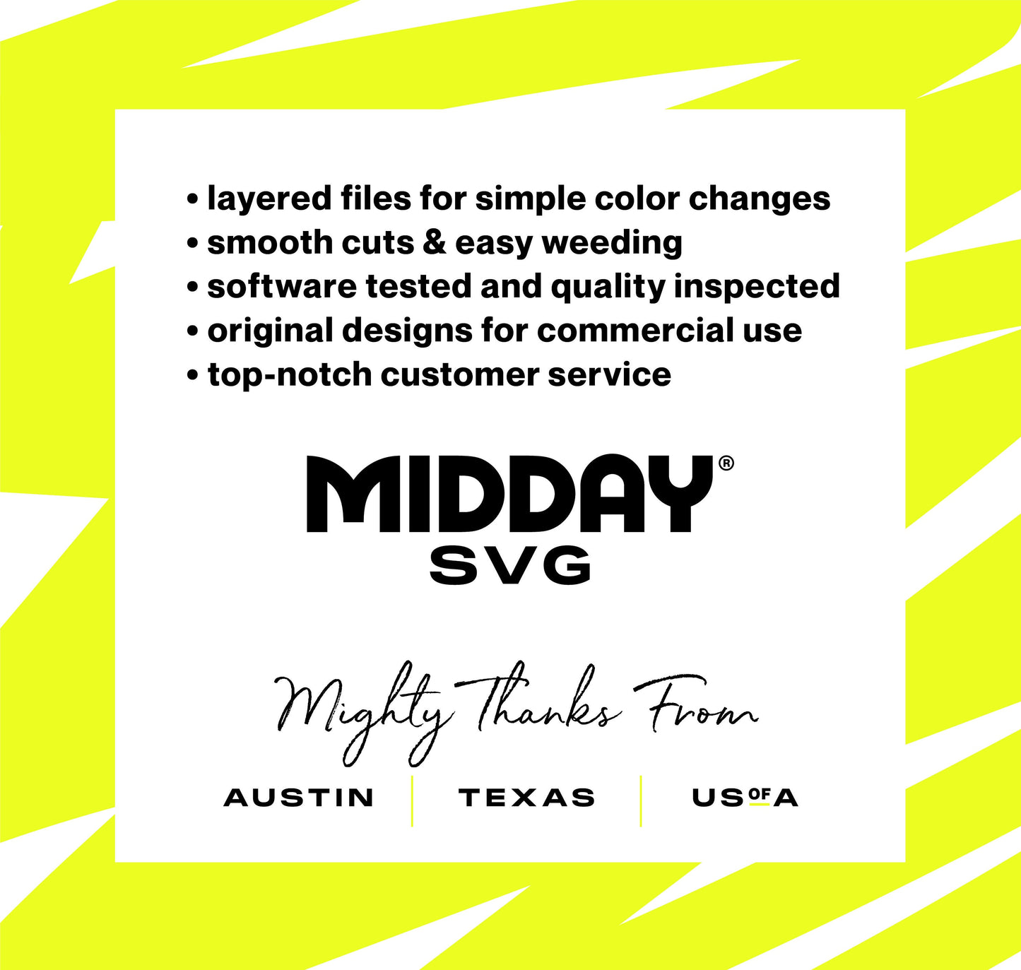 Midday SVG promotional graphic highlighting features like easy weeding, commercial use designs, based in Austin, Texas, USA.