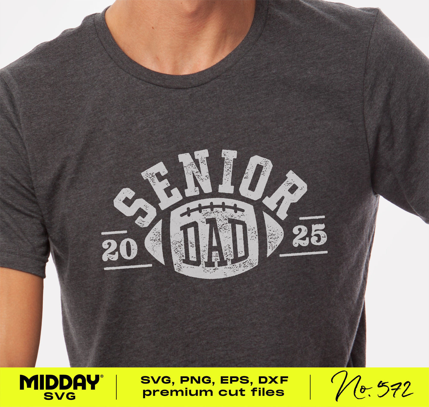 Gray t-shirt with 'Senior Dad 2025' football design, ideal for varsity graduation, compatible with Cricut and Silhouette Cameo machines.