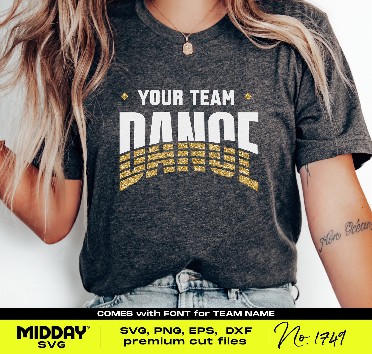 Bold dance team shirt design with customizable text, featuring white and gold striped lettering on a gray background, perfect for dance squads.