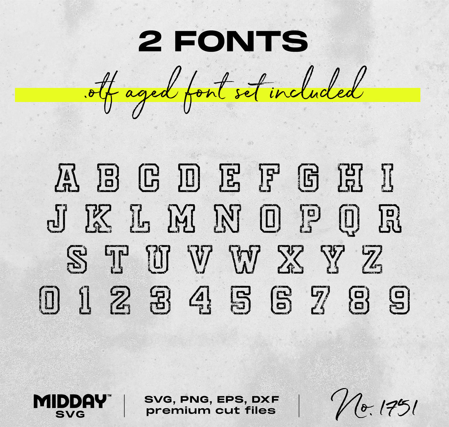 Retro aged font set with alphabet and numbers included in SVG, PNG, EPS, DXF formats, ideal for Cricut and DIY projects.