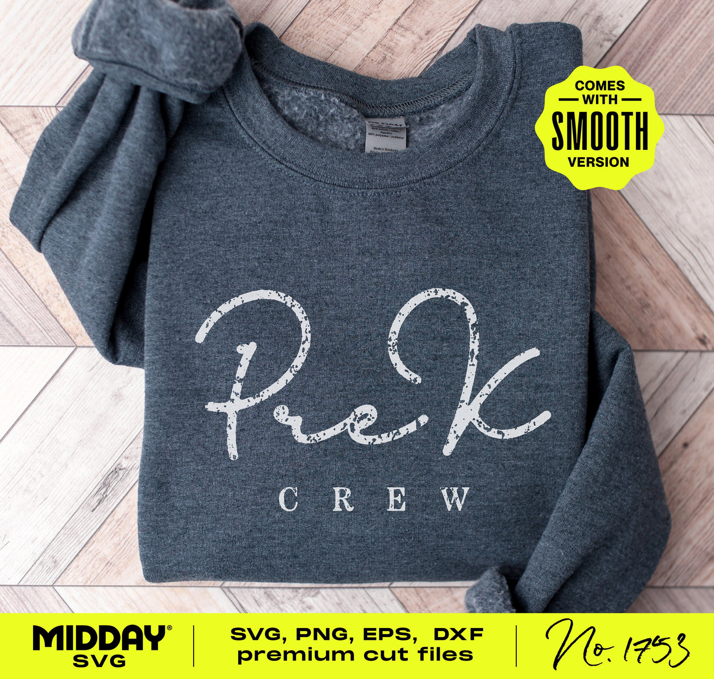 Dark gray sweatshirt with 'Pre-K Crew' design, ideal for Pre-K teachers. Includes premium SVG, PNG, EPS, and DXF cut files.