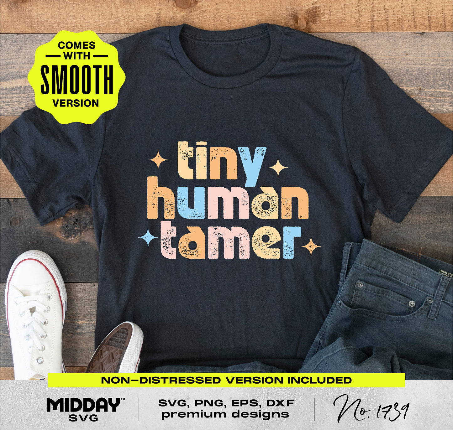 "Tiny Human Tamer" t-shirt design for preschool and daycare teachers, featuring SVG, PNG, EPS, and DXF formats.