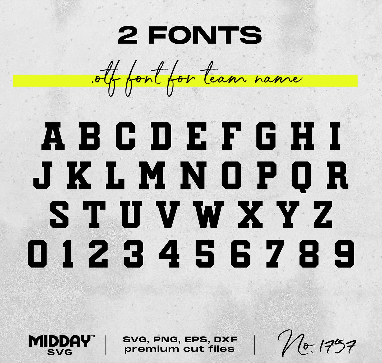Collegiate font style for DIY football mom shirts with numbers, uppercase alphabet, and two fonts for team names. Digital format.
