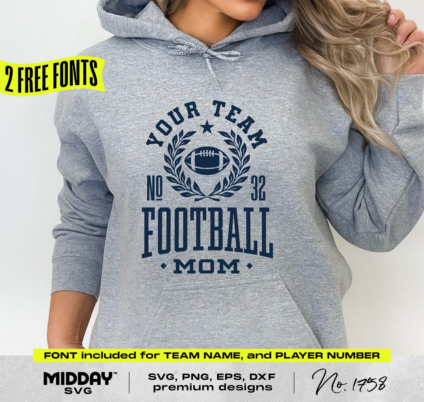 Woman wearing gray hoodie with Collegiate Football Mom design in navy blue, featuring customizable team name and player number. Two free fonts included.