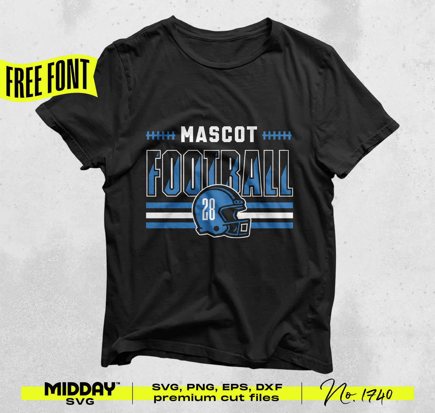 Customizable football team template t-shirt with "Mascot Football 28" design in blue, perfect for DIY sports apparel.