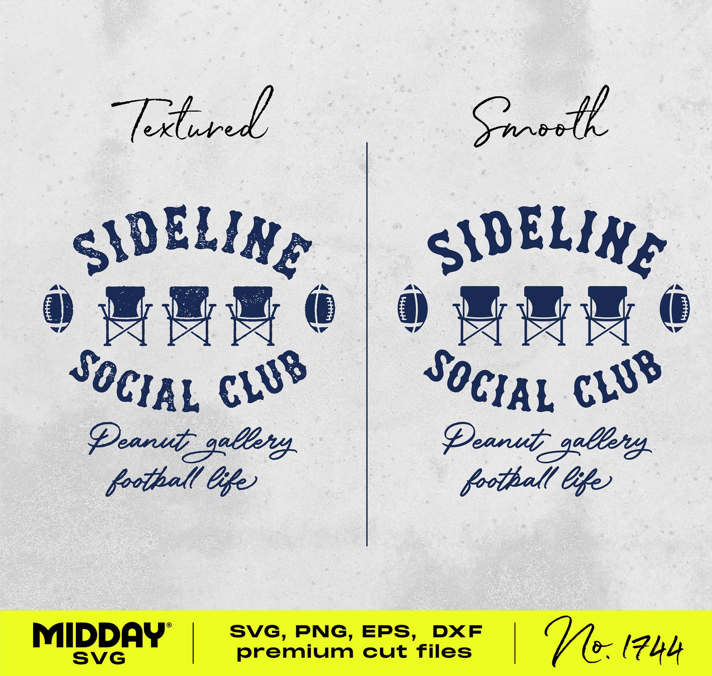 Sideline Social Club football SVG design with textured and smooth styles, featuring chairs and footballs; perfect for football family shirts.