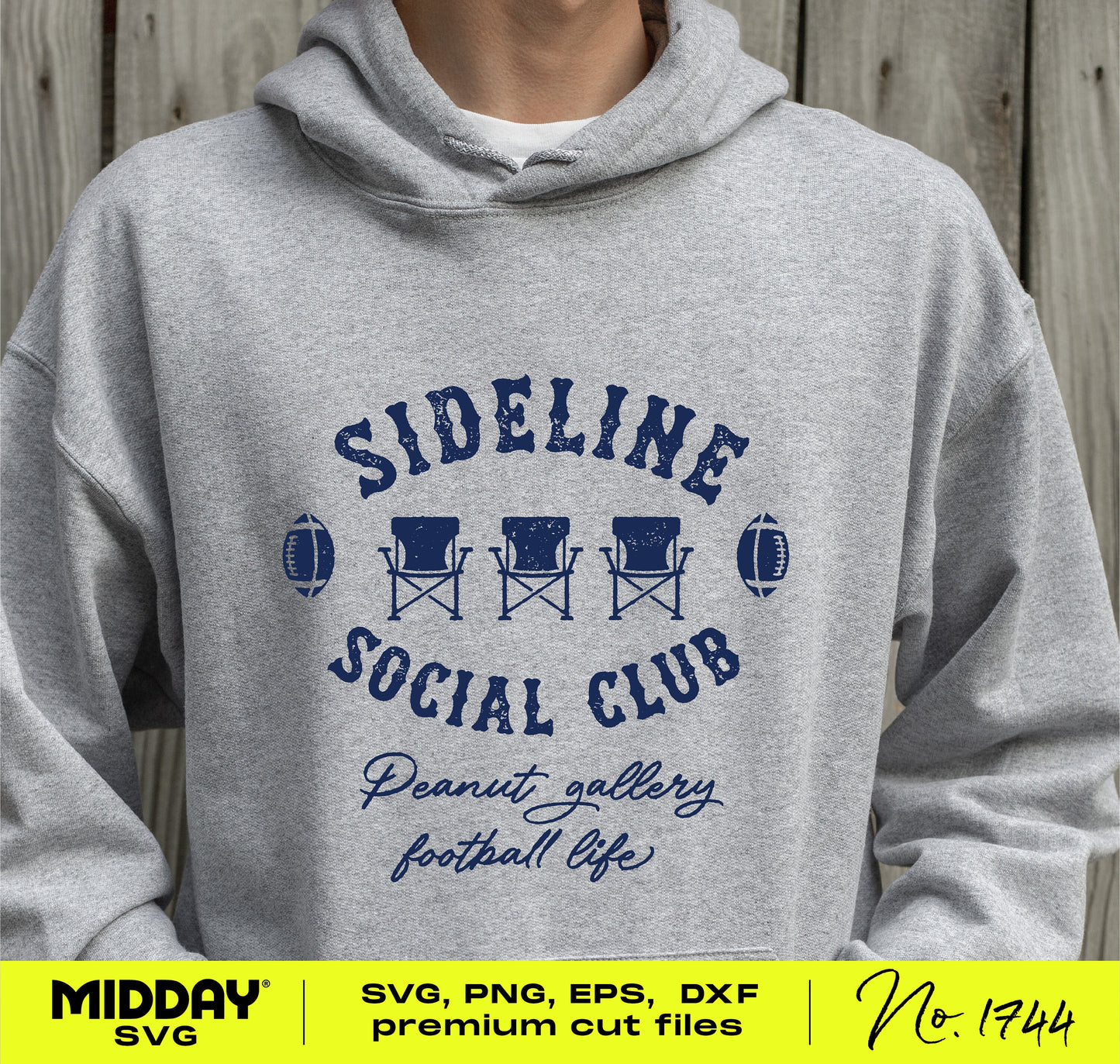 Gray hoodie with 'Sideline Social Club' football design for moms, dads, and fans, perfect for sidelines cheering. Available in SVG/PNG.