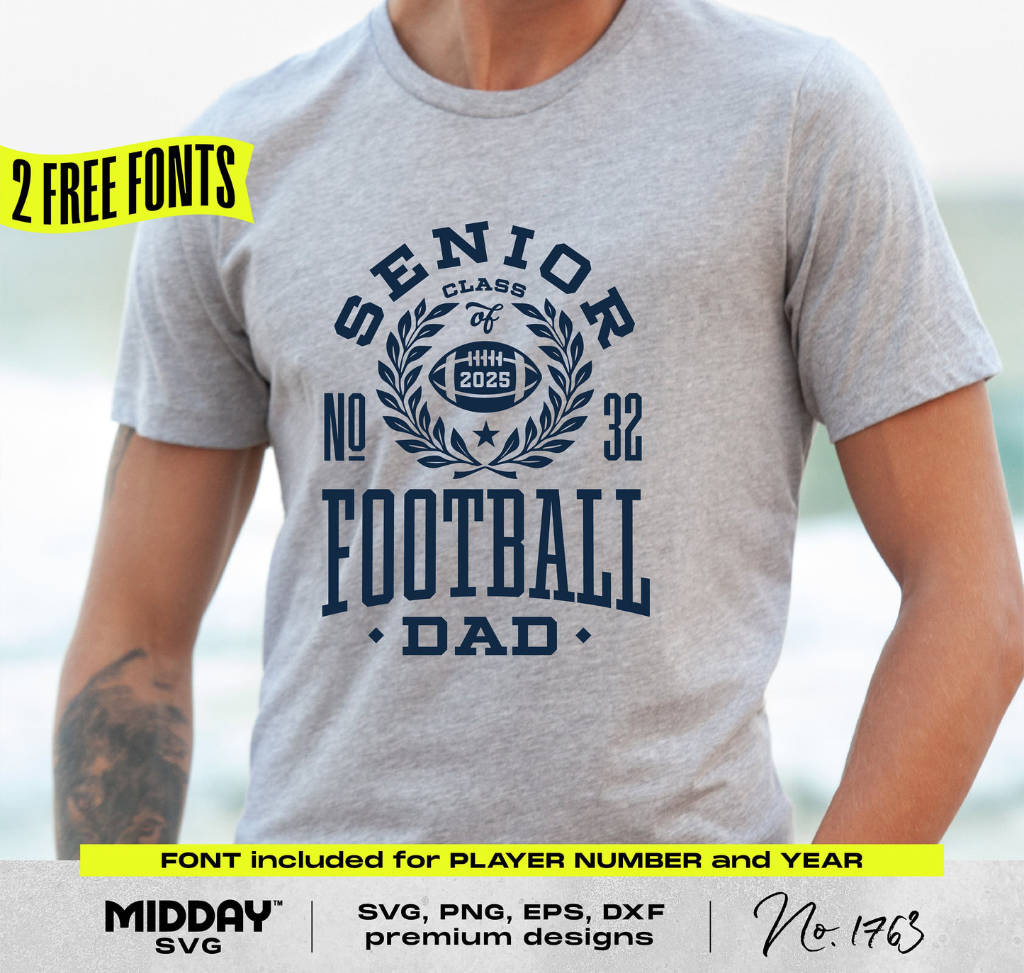 Man wearing a gray t-shirt with 'Senior Class of 2025 Football Dad' design, showcasing varsity graduation cut file for Cricut and Silhouette.