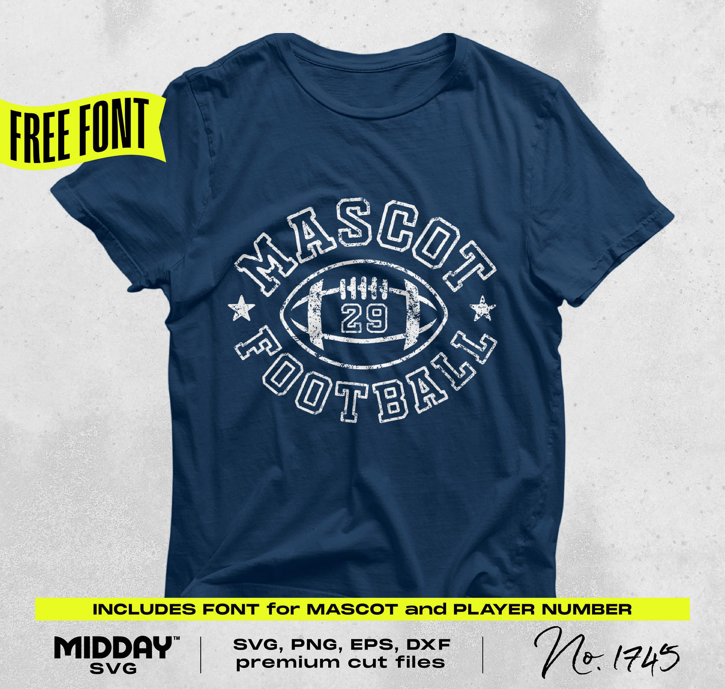 Rustic football team shirt design featuring 'Mascot Football' text, customizable with player number. Includes free font, SVG/PNG files.