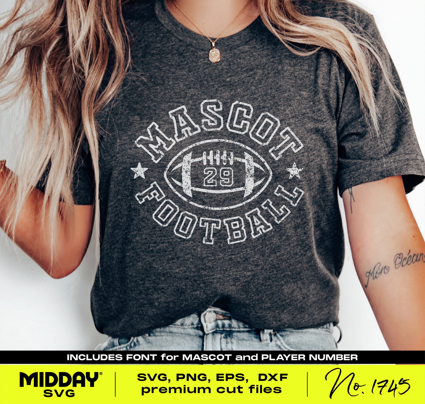 Woman wearing a grey shirt with retro football team design and custom mascot logo. Ideal for Cricut cut files and sublimation projects.