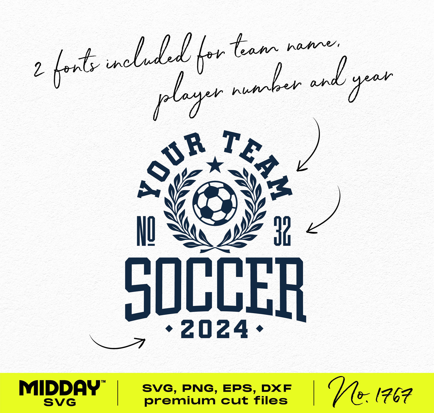 Collegiate soccer team design template with editable fonts for team name, player number, and year. Available in SVG, PNG, EPS, DXF formats.