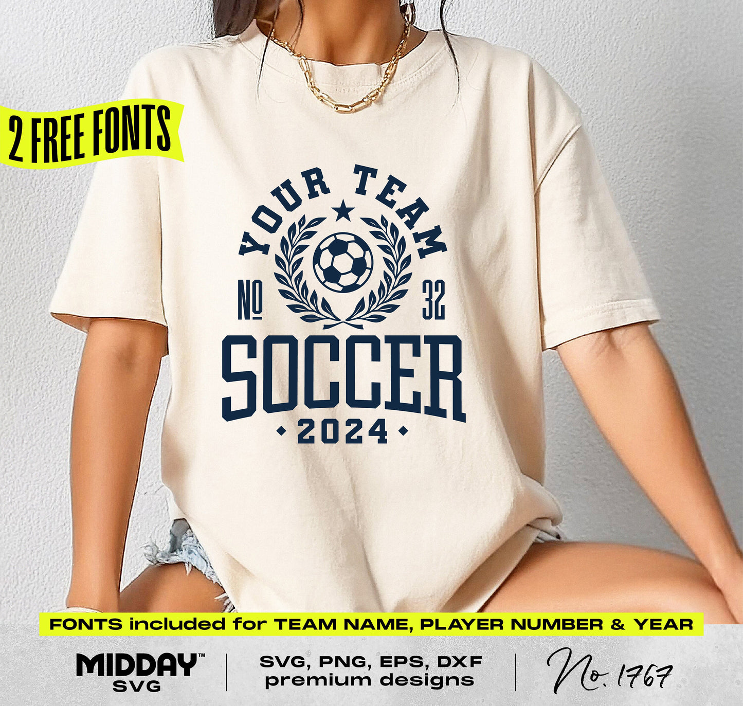 Women's t-shirt with custom soccer team design, featuring a soccer ball logo and personalized text for team name, number, and year.