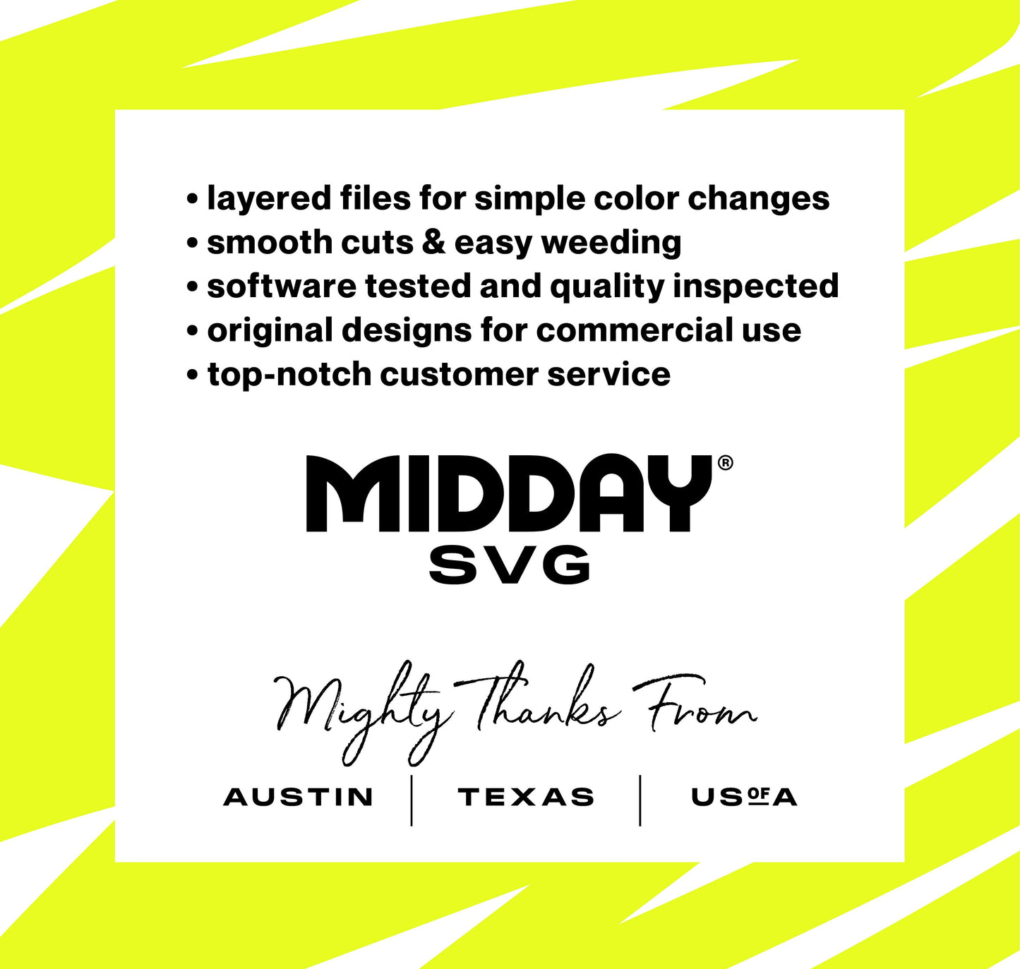 Promotional graphic for Midday SVG featuring design highlights and location in Austin, Texas, USA with bright background.