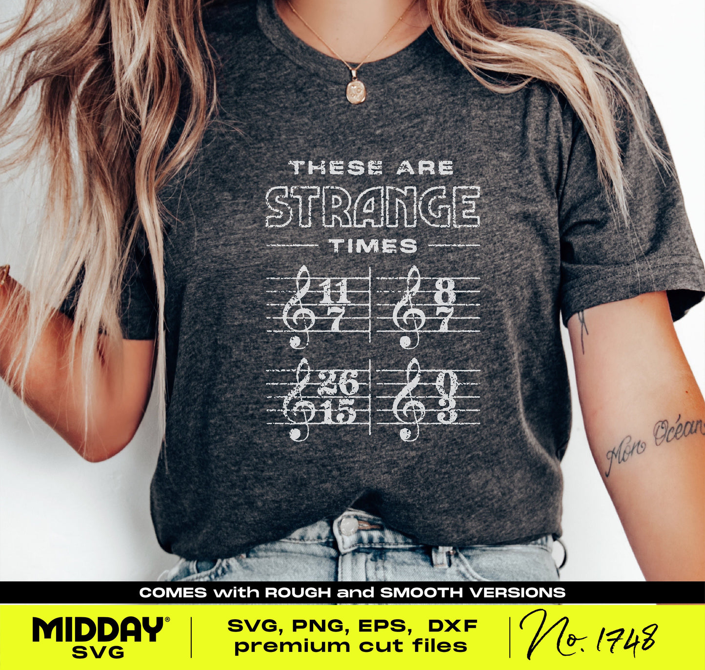 Woman wearing 'These Are Strange Times' music-themed t-shirt with unusual time signatures. Perfect SVG/PNG for musicians and fans.