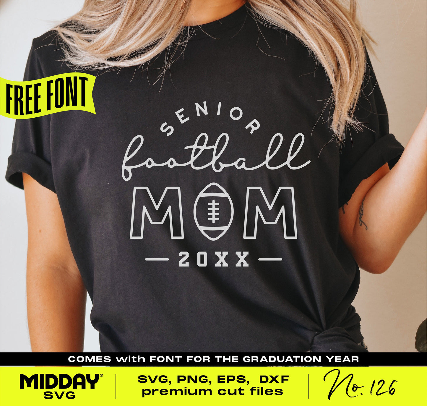 Senior Football Mom shirt design with football graphic for Cricut and Silhouette, featuring text 'Senior Football Mom 20XX'