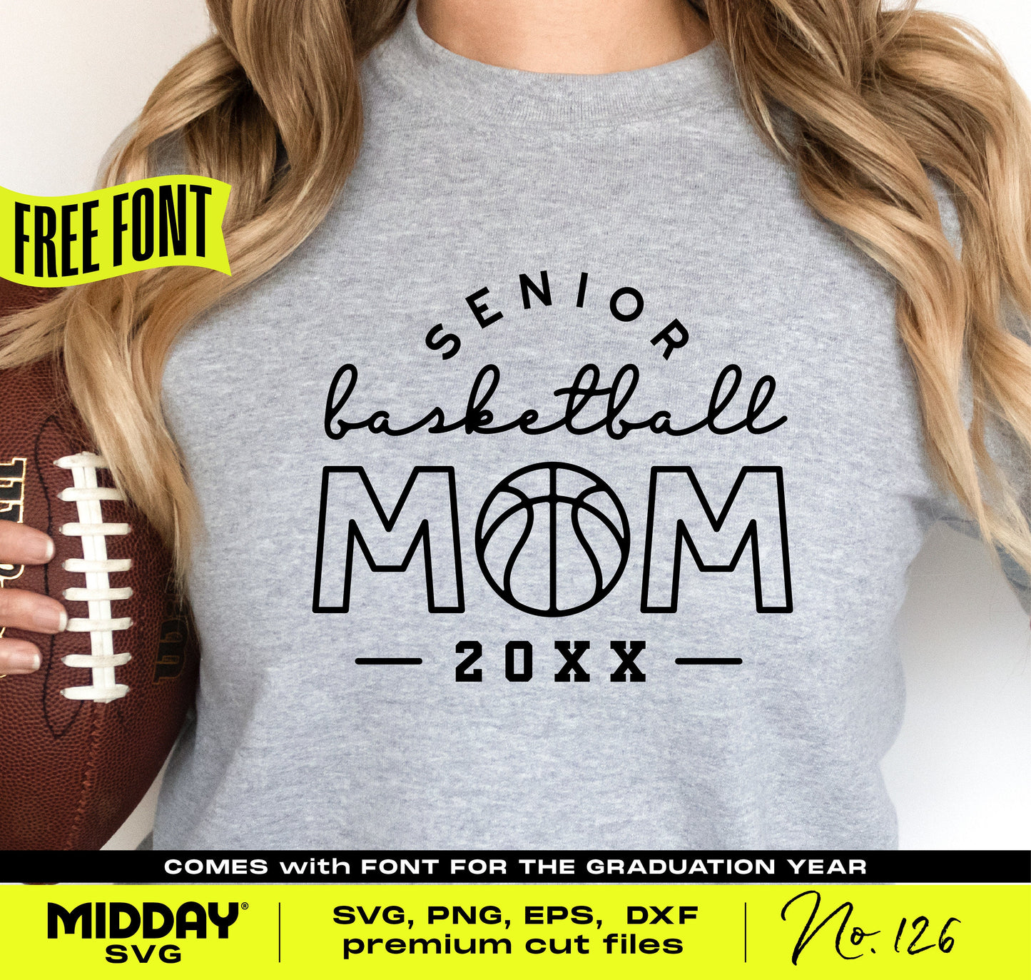 Gray sweatshirt with 'Senior Basketball Mom 20XX' design, ideal for Cricut and Silhouette projects. Includes a free graduation font.