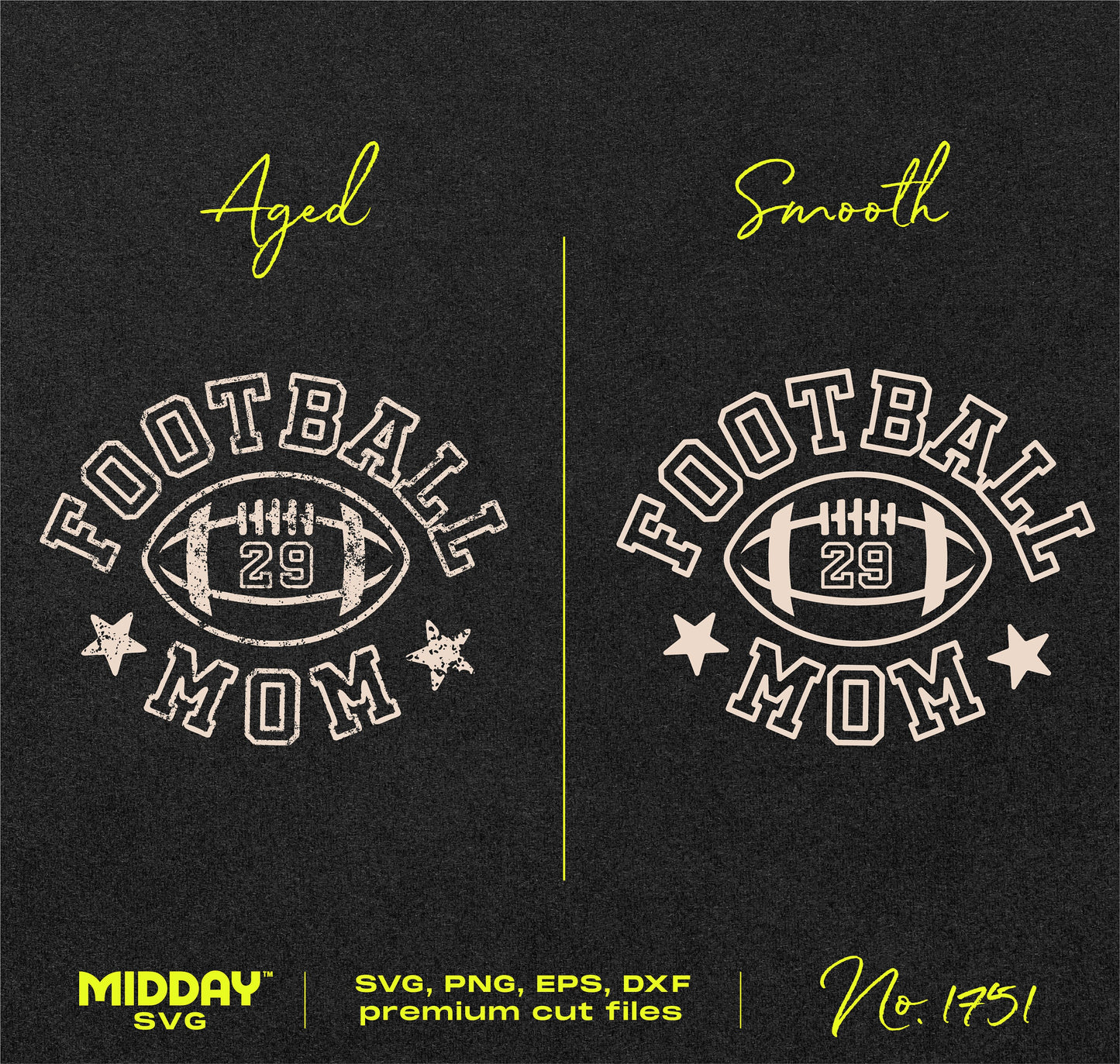 Retro Football Mom SVG designs, aged and smooth styles, digital download for crafting and team shirts, features star accents and player number 29.