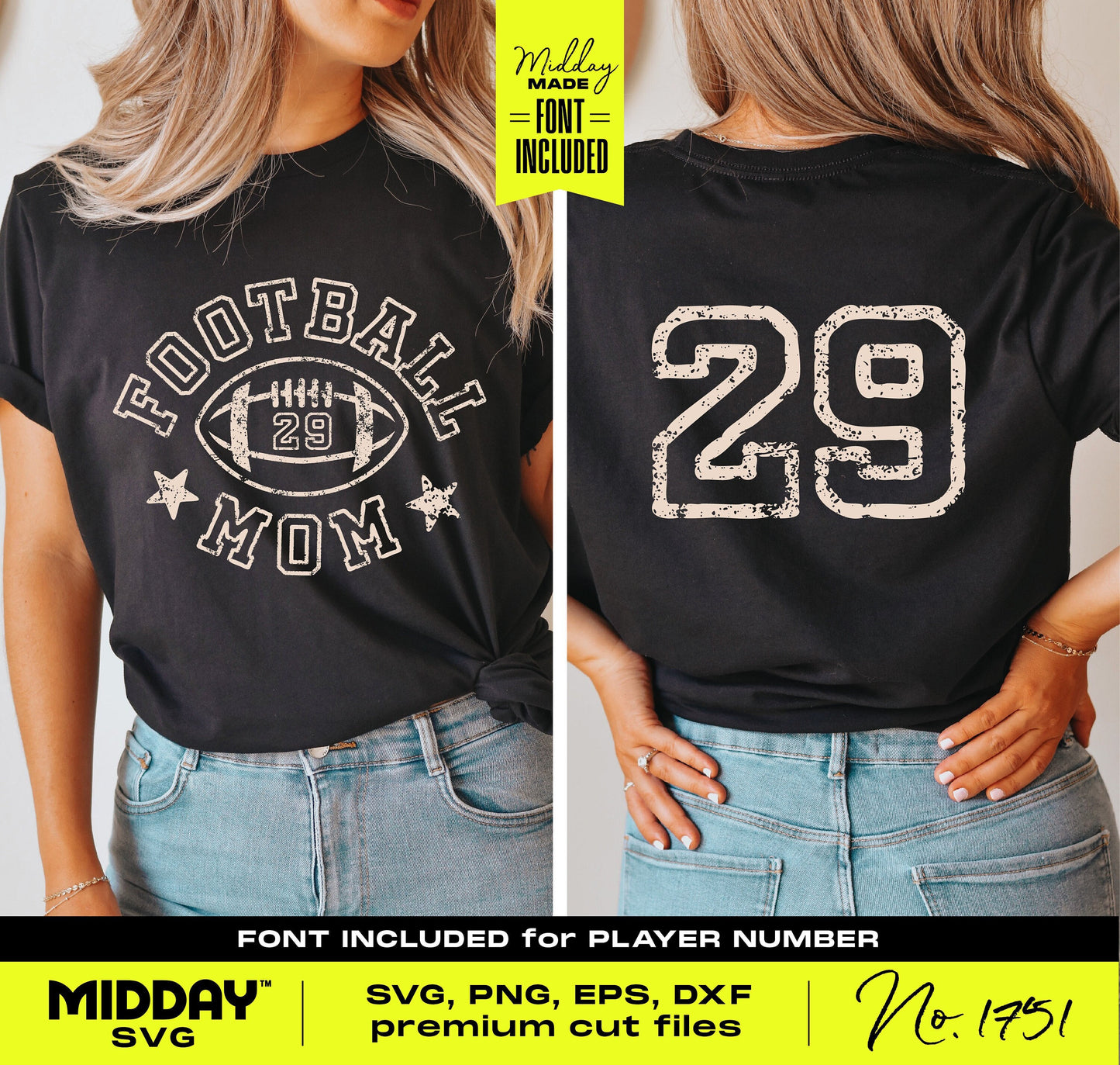 Football Mom SVG design on black shirt with retro '29' player number, for Cricut crafting and DIY team shirts. Font included.