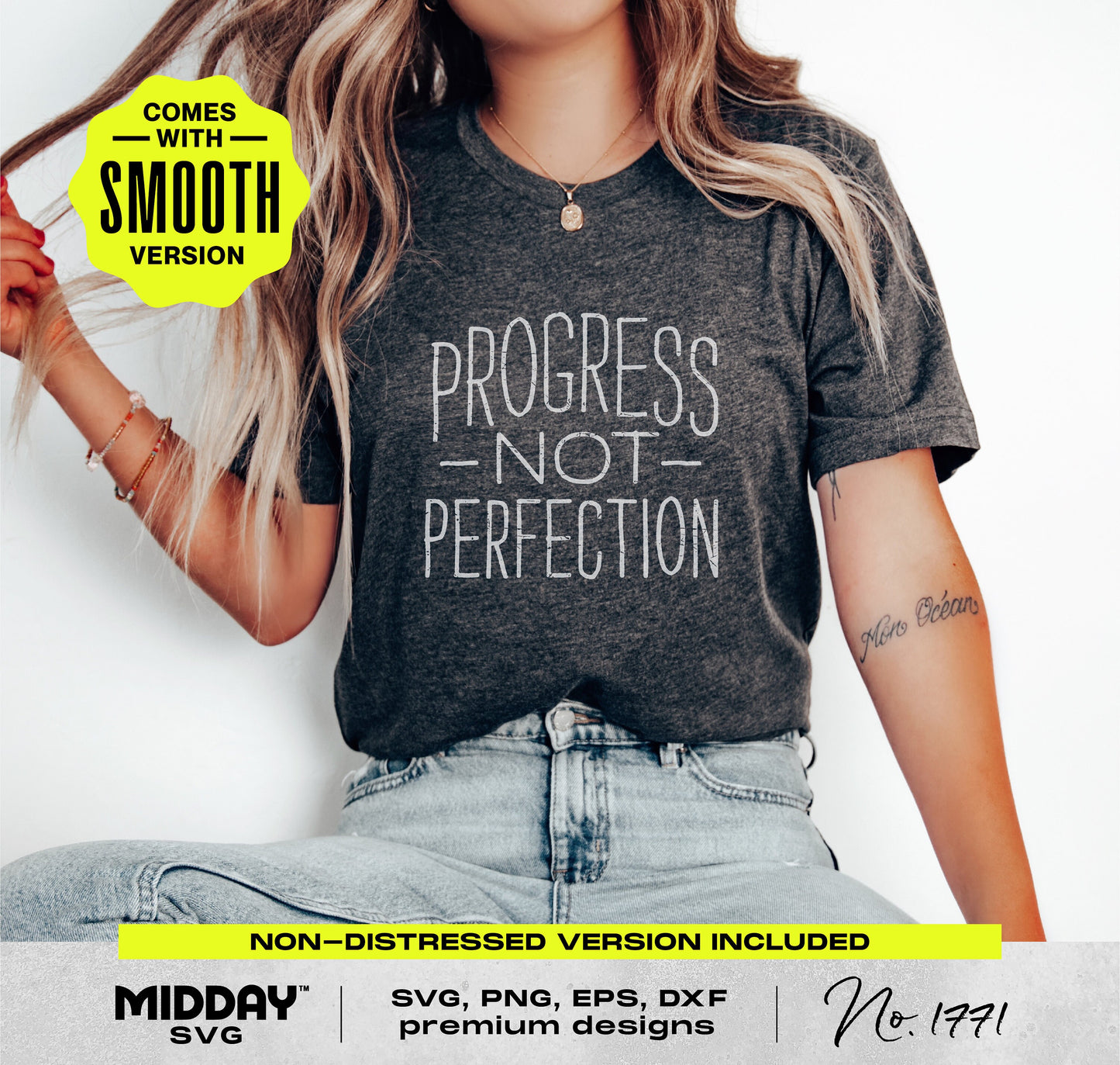 Woman wearing "Progress Not Perfection" t-shirt, ideal for inspirational teacher gifts and classroom decor, available in SVG and PNG.