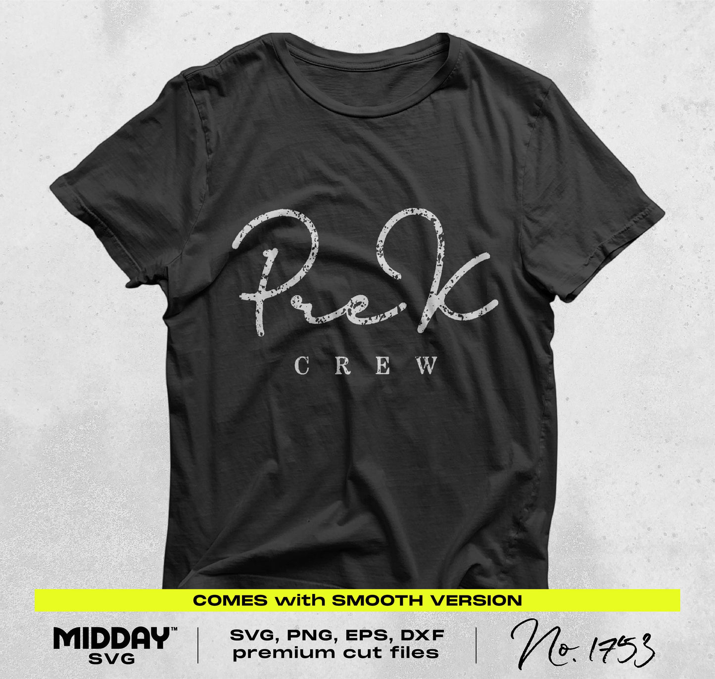 Black t-shirt with 'Pre-K Crew' design, perfect for Pre-K teachers. Includes SVG, PNG, EPS, DXF cut files for crafting.
