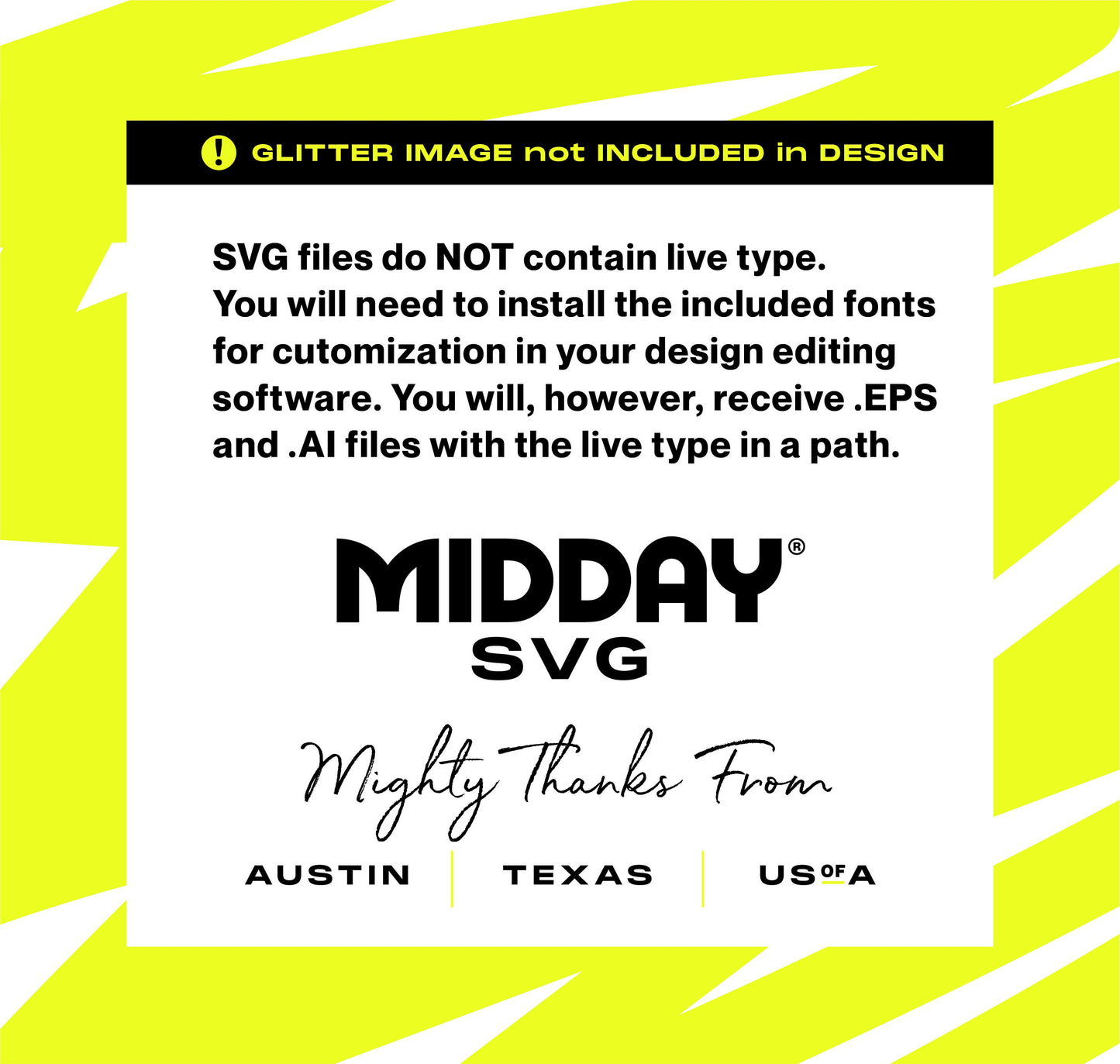 SVG notice for MIDDAY SVG design, includes customization instructions and font details; based in Austin, Texas, USA.