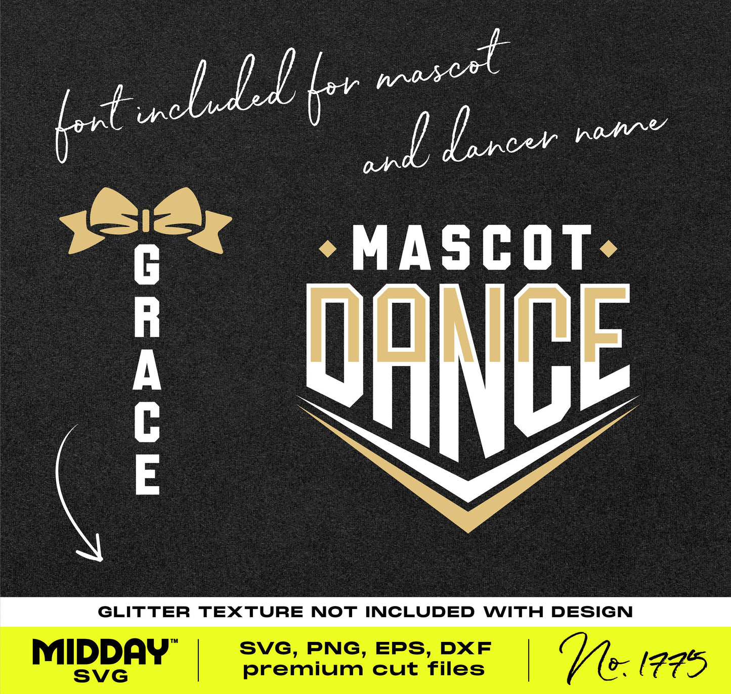 Dance SVG template with customizable mascot name and font for dance team shirts, available as SVG, PNG, EPS, and DXF files.