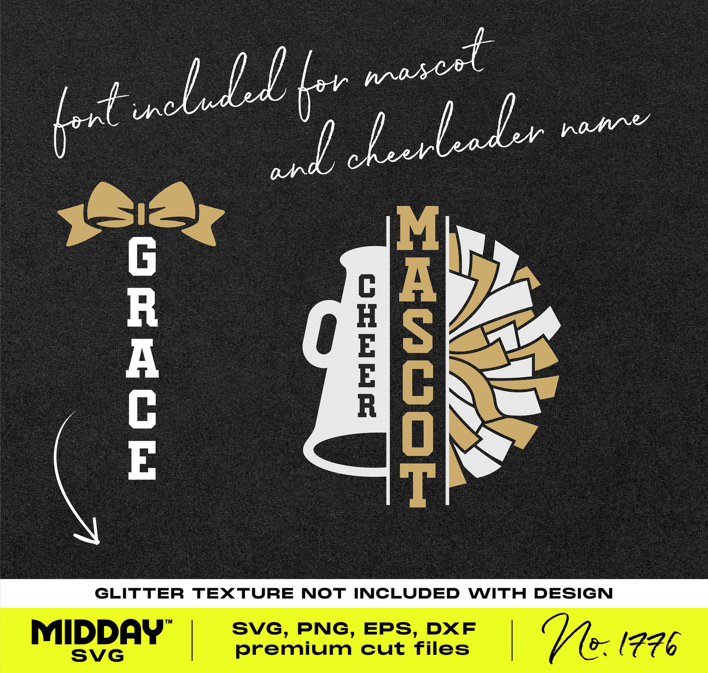 Cheer SVG template with megaphone, pom-pom, and customizable fonts for team and cheerleader names, digital download.