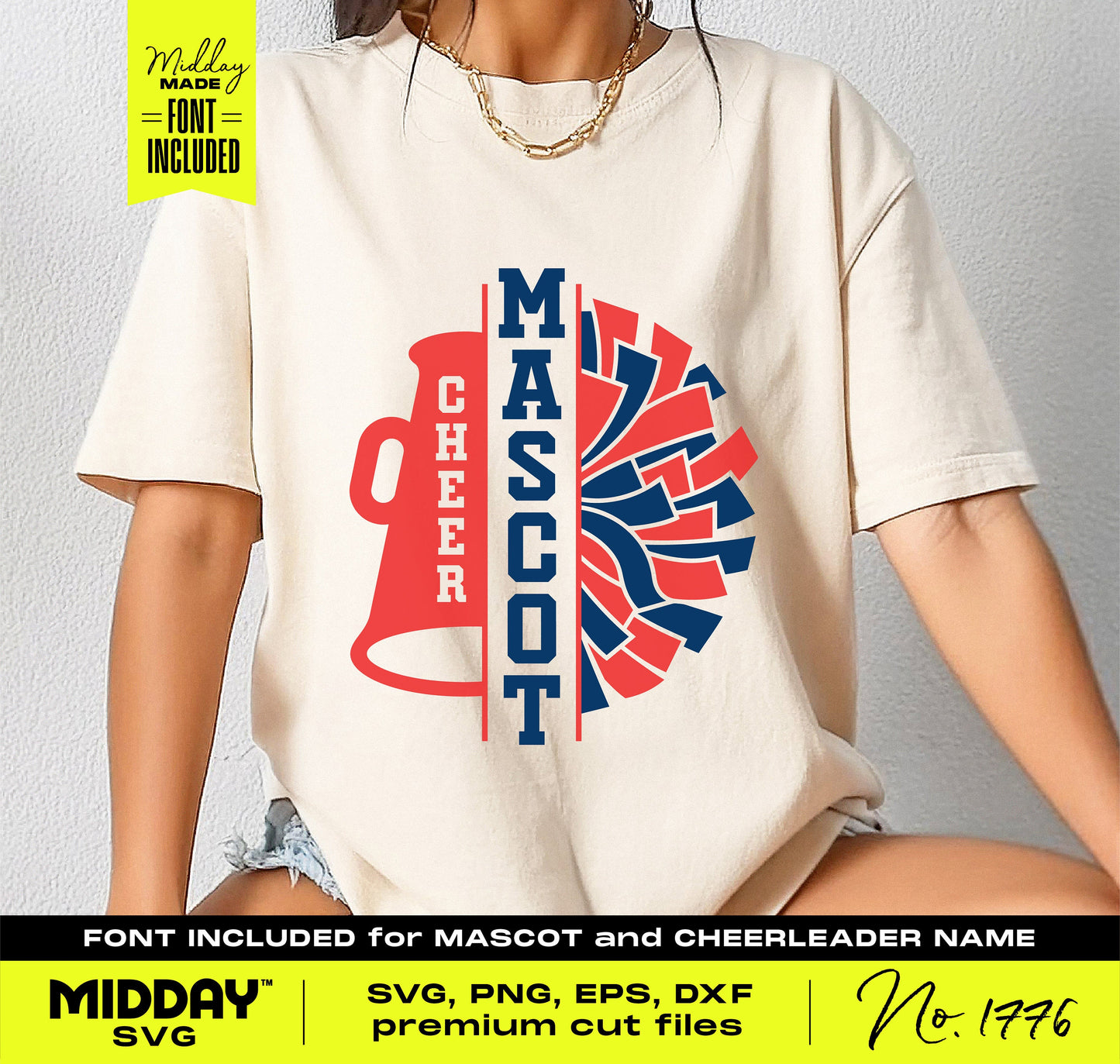 Cheerleading shirt with customizable megaphone and pom-pom design, featuring font for team and cheerleader name, digital download.