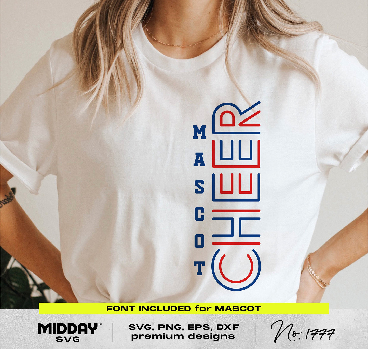 White t-shirt with bold 'Mascot Cheer' design in blue and red, ideal for cheerleading-themed crafts and team shirts.