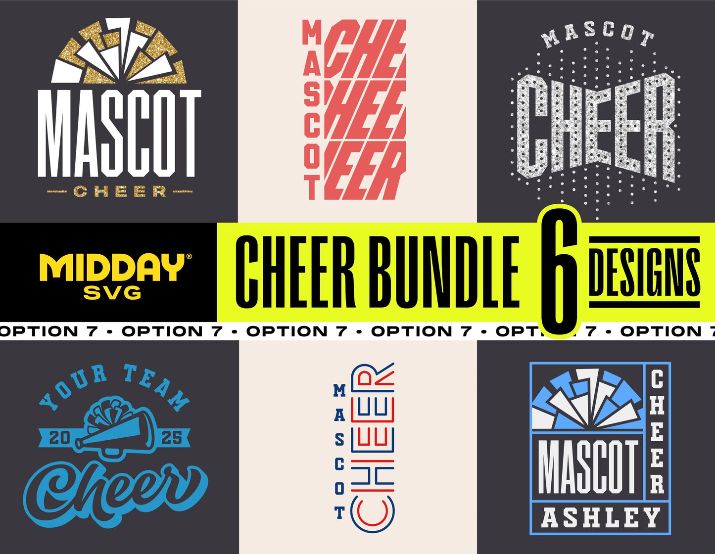Cheer Bundle 7 SVG designs featuring mascot and cheer themes for Cricut and Silhouette, perfect for custom cheer team shirts.