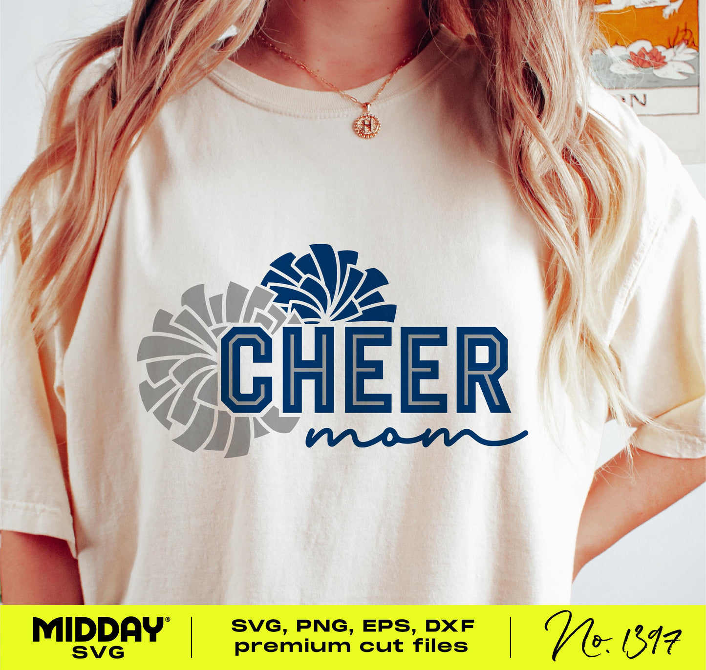 Woman wearing t-shirt with 'Cheer Mom' SVG design featuring pom-poms, suitable for Cricut, sublimation, and digital reproduction.