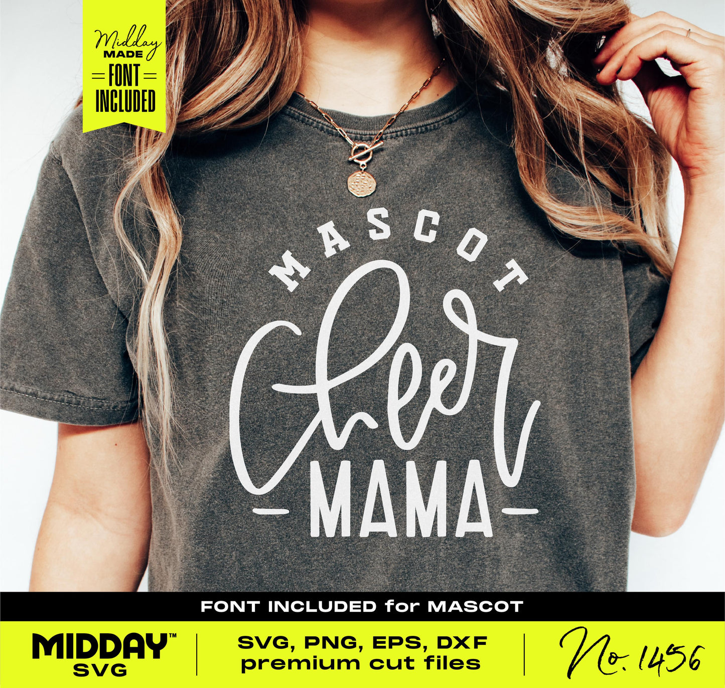 Woman wearing t-shirt with 'Mascot Cheer Mama' design, featuring premium SVG, PNG, EPS, DXF cut files by Midday SVG, font included.