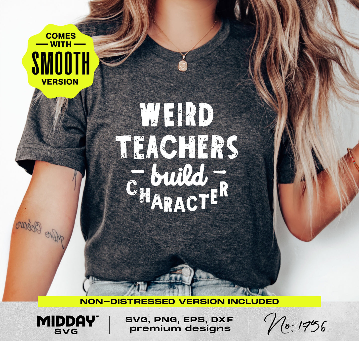 Gray t-shirt with 'Weird Teachers Build Character' text design, ideal for crafting with SVG, PNG formats for teacher gifts and decor.