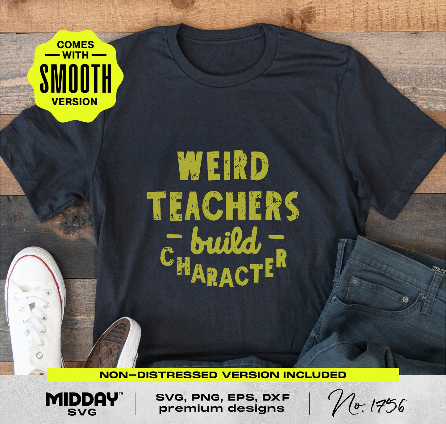 Black t-shirt with "Weird Teachers Build Character" text, perfect for teacher appreciation gifts and crafting with SVG/PNG downloads.