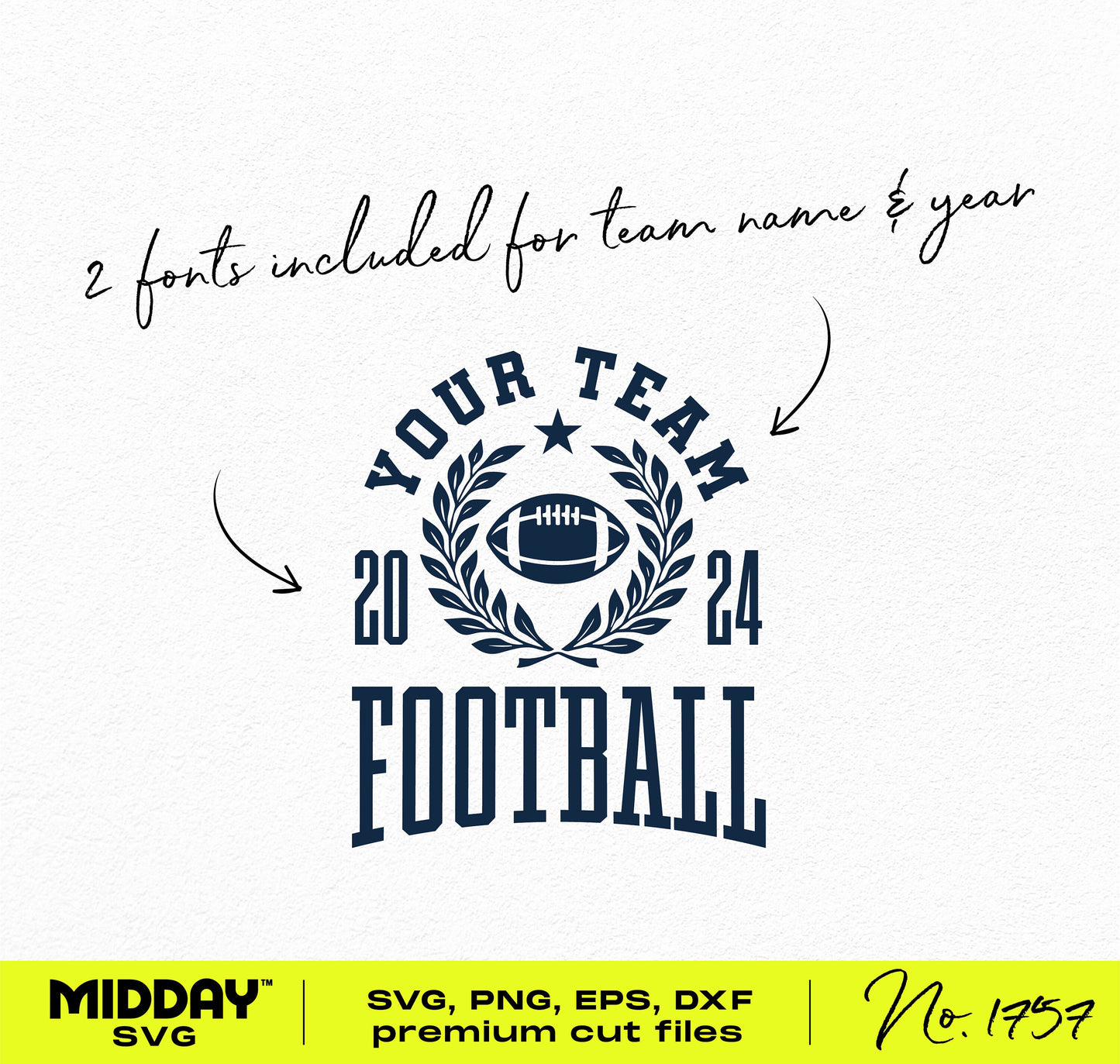 Collegiate football team shirt template SVG with customizable fonts for team name and year, includes football emblem and 2024 date.