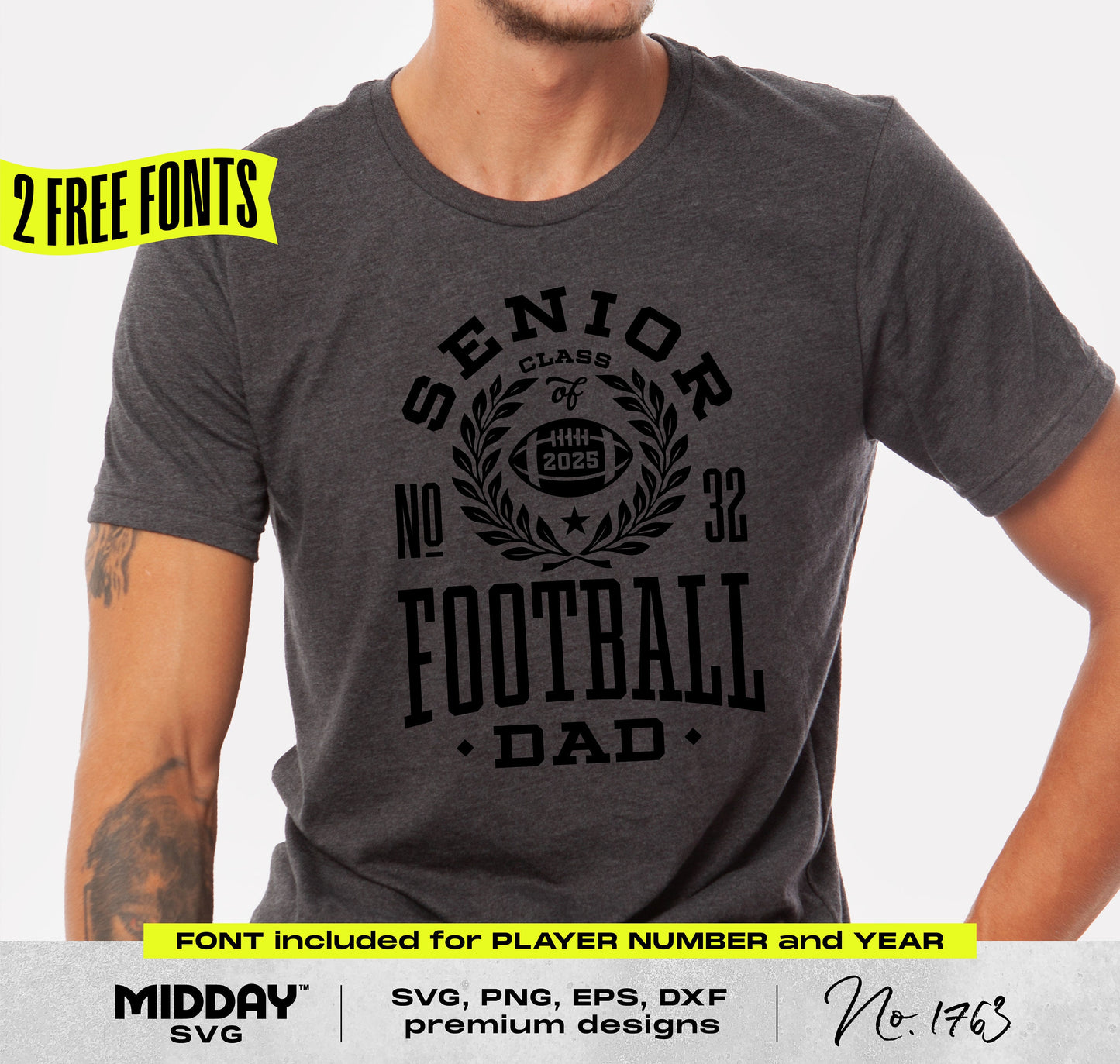Senior Dad 2025 football shirt design SVG with collegiate theme, ideal for varsity graduation cut files and crafting with Cricut and Silhouette.