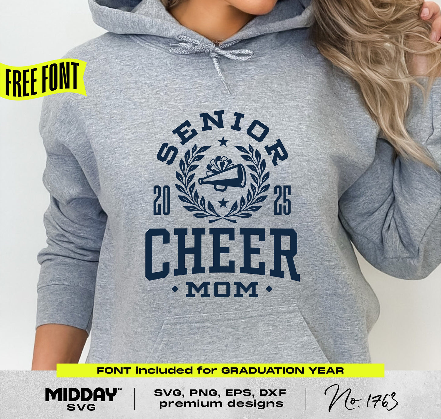 Senior Cheer Mom 2025 hoodie with wreath laurel design, customizable graduation year, SVG and PNG files for Cricut, ideal for cheerleader moms