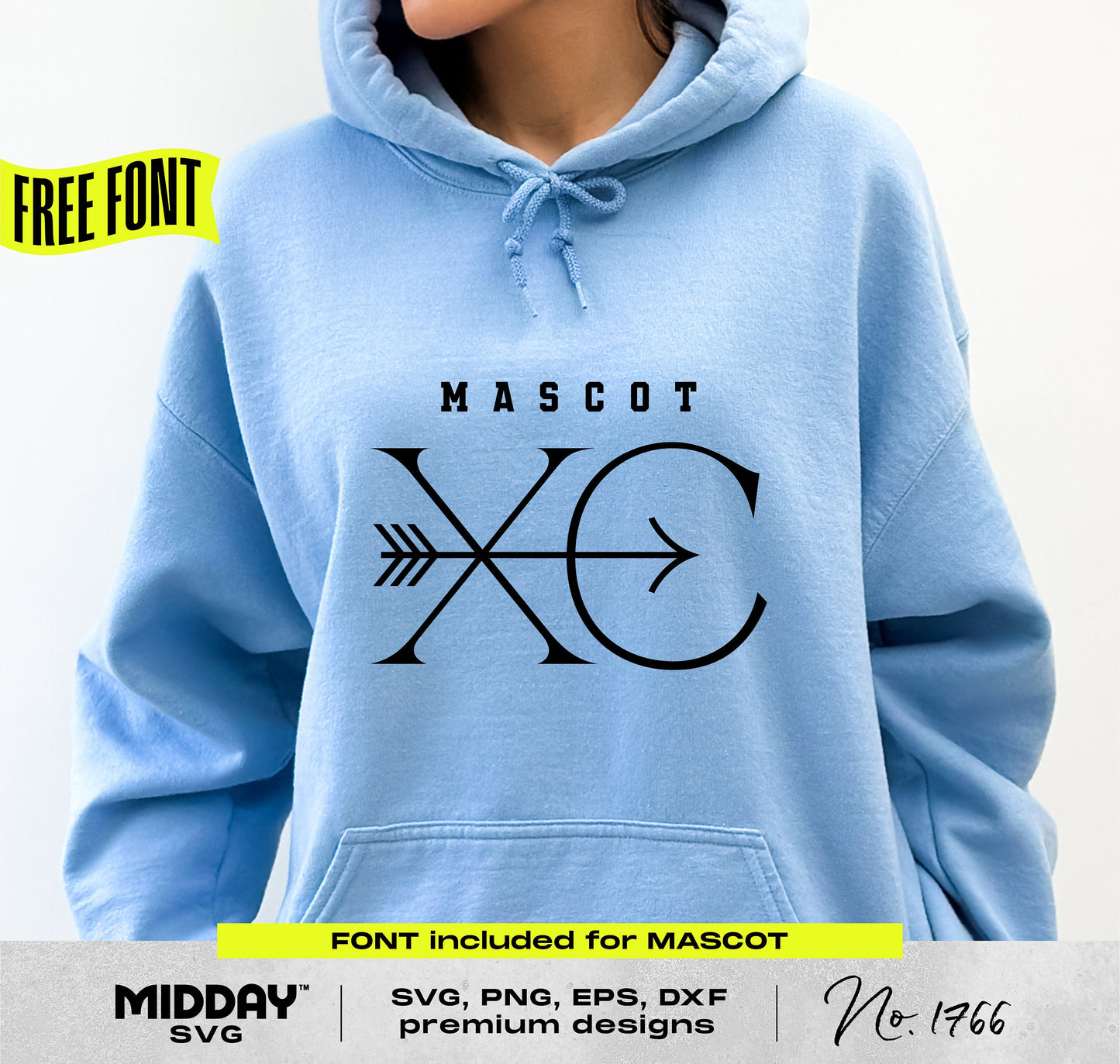 Person wearing blue hoodie with 'Mascot XC' cross country design, includes SVG, PNG, EPS, DXF files, free font offer.