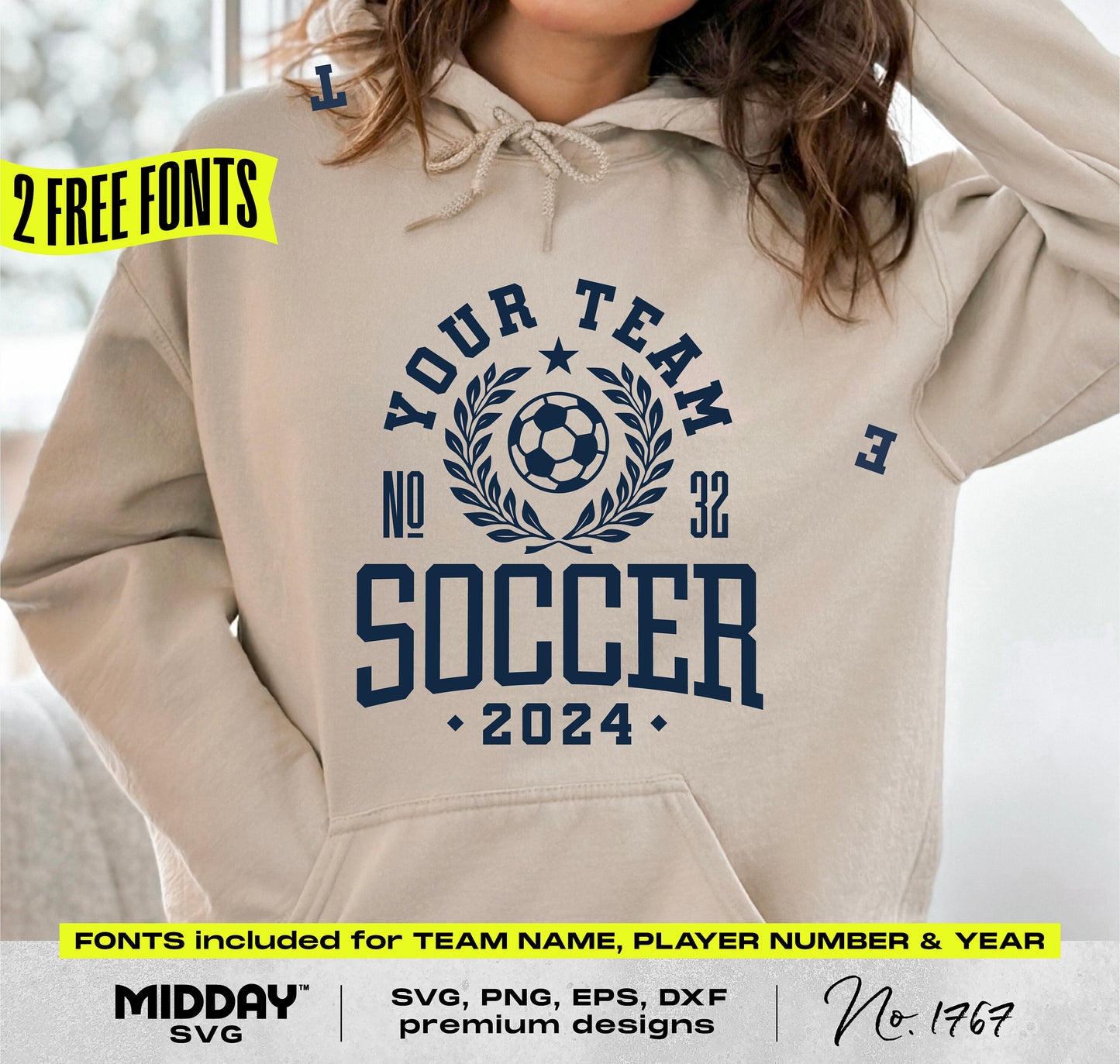 Soccer team hoodie with customizable designs, including team name, player number, and year for Cricut and Silhouette projects.