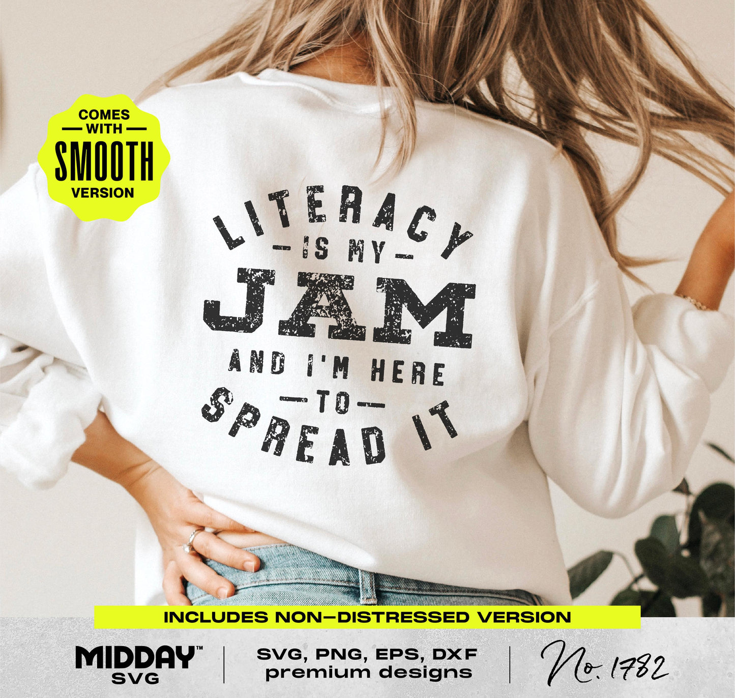 Back of a person wearing a sweater with 'Literacy is My Jam and I'm Here to Spread It' text, emphasizing a love for teaching and reading.