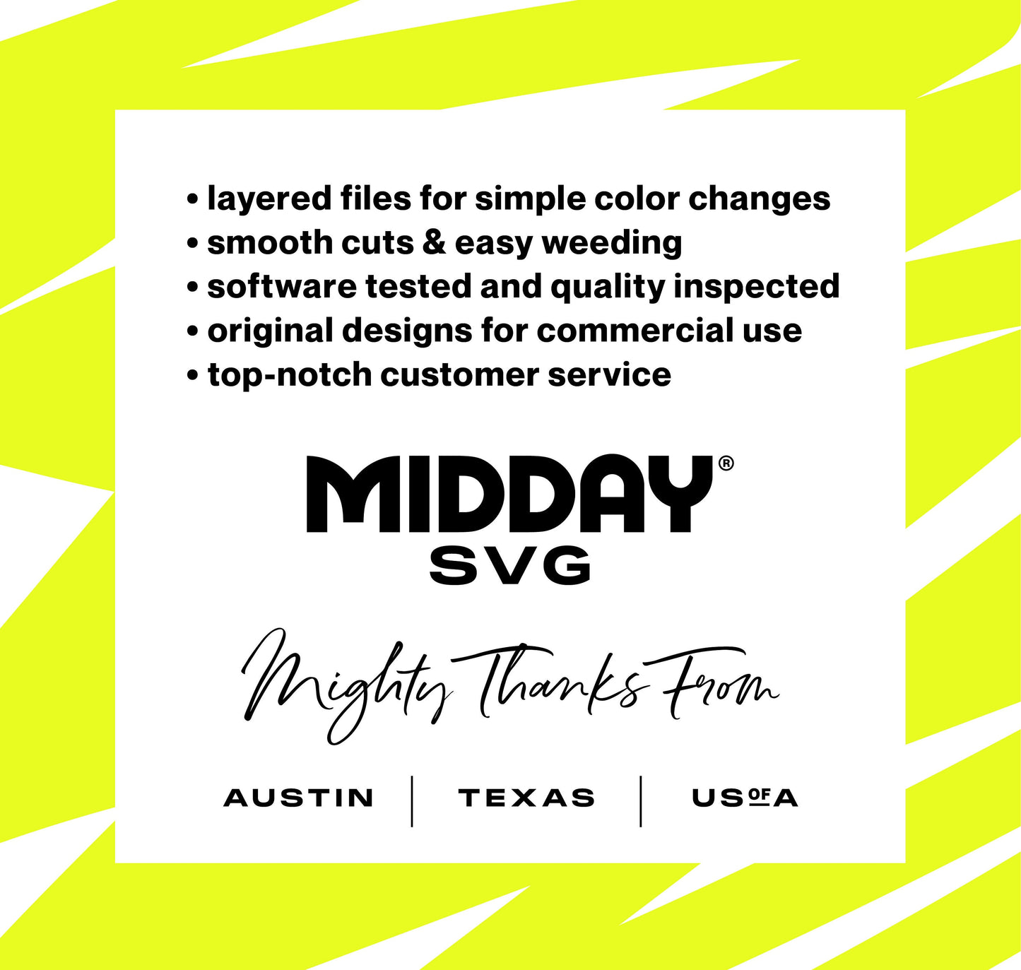 Midday SVG benefits and features listing with vibrant yellow background, emphasizing quality and service.