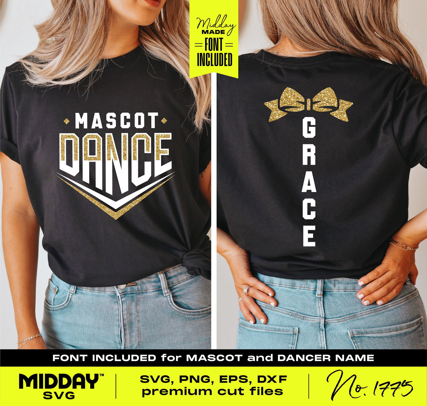 Dance team shirt with 'Mascot' logo and customizable dancer name in SVG, PNG formats, featuring sporty chevron design.