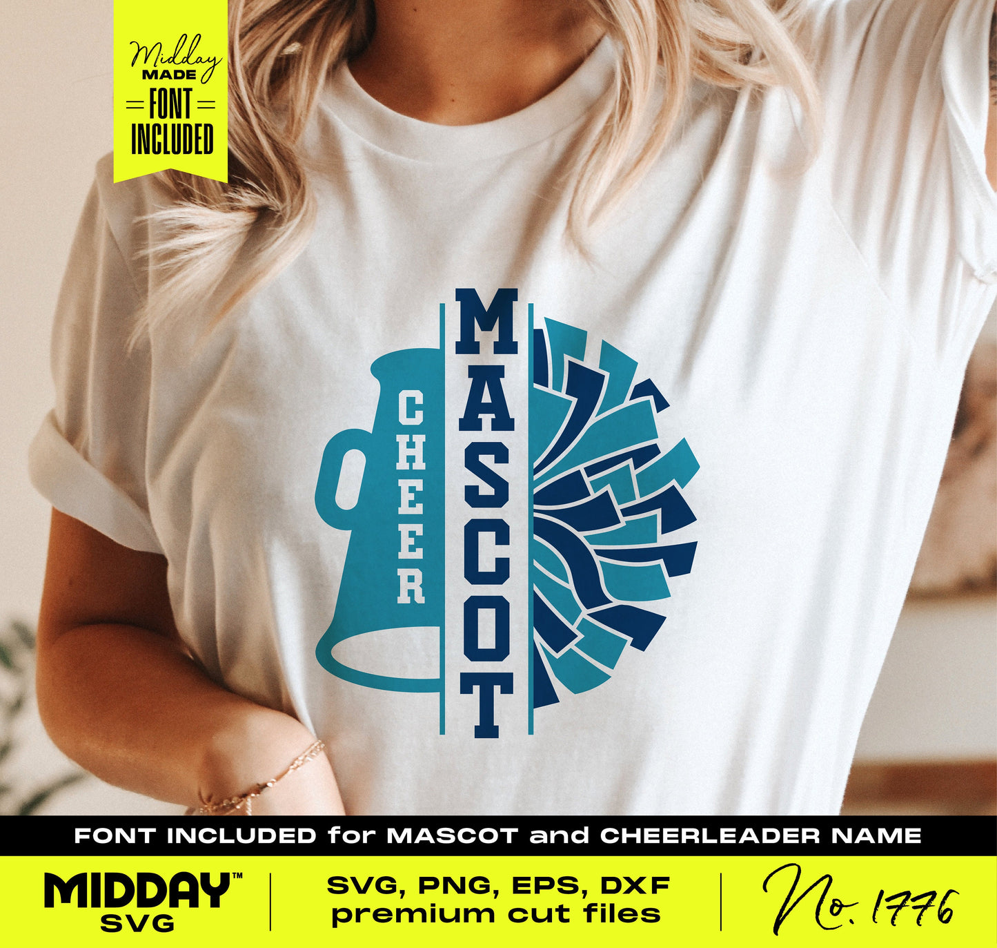 Digital cheerleading SVG template with megaphone, pom-pom design, and customizable fonts for team and cheerleader names.
