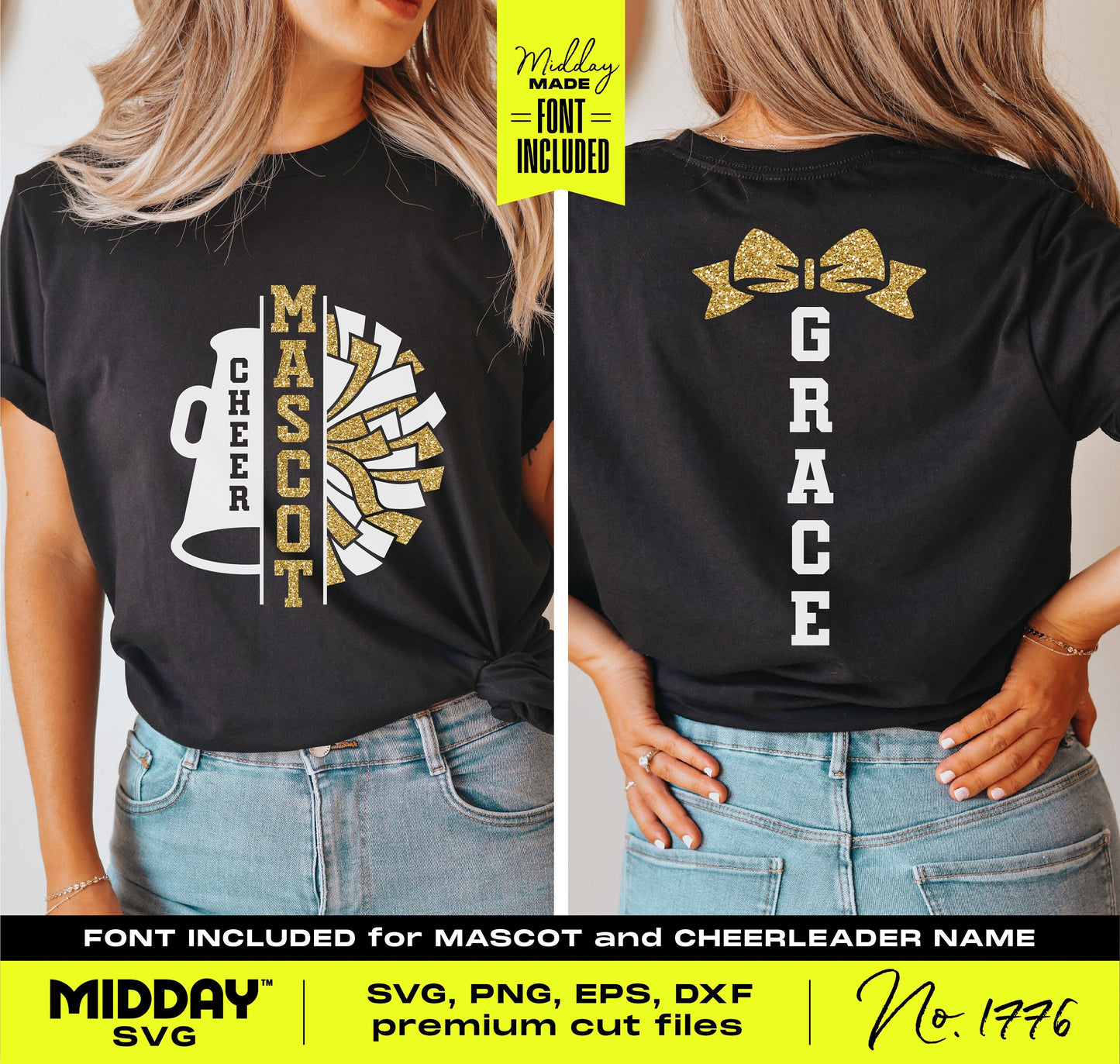 Cheerleading shirt with customizable megaphone and pom-pom design, featuring cheerleader's name and team mascot.