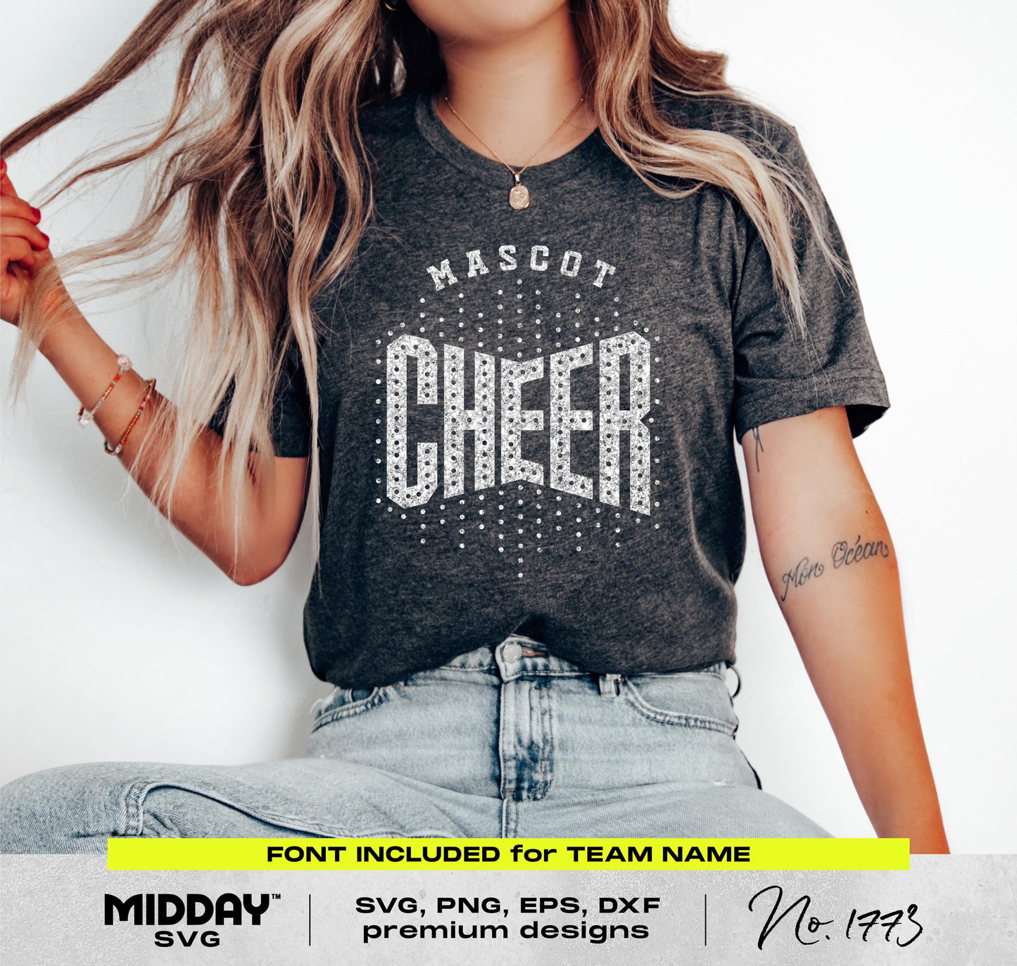 Woman wearing a shirt with 'Mascot Cheer' text design, featuring Cheer Bundle 7 SVG, PNG, DXF, EPS files for Cricut and Silhouette crafting.