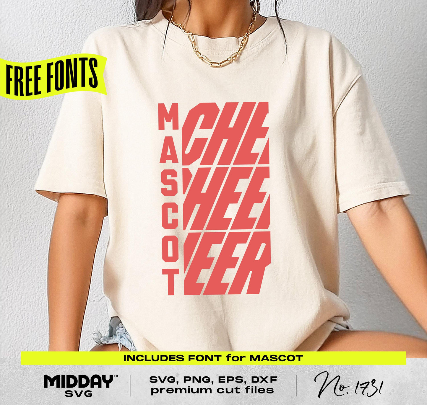 Cheer Team Shirt with Mascot Cheerleader Design in Red, Cut Files for Cricut and Silhouette, Includes Free Font, Midday SVG