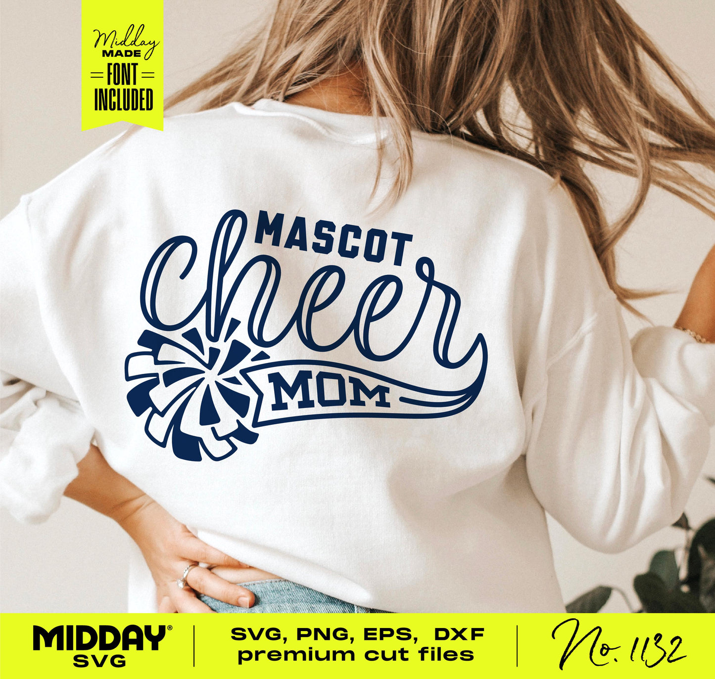 Cheer Mom SVG design on a white sweatshirt, featuring a cheerleader theme with blue text and graphics, for Cricut and sublimation projects.